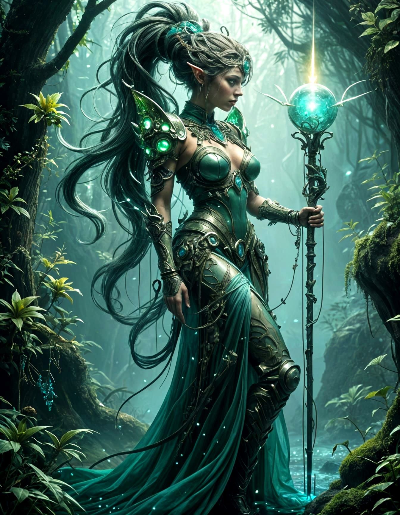 Emerald Alien-Elf with Bioluminescent Tattoos in Art Nouveau...