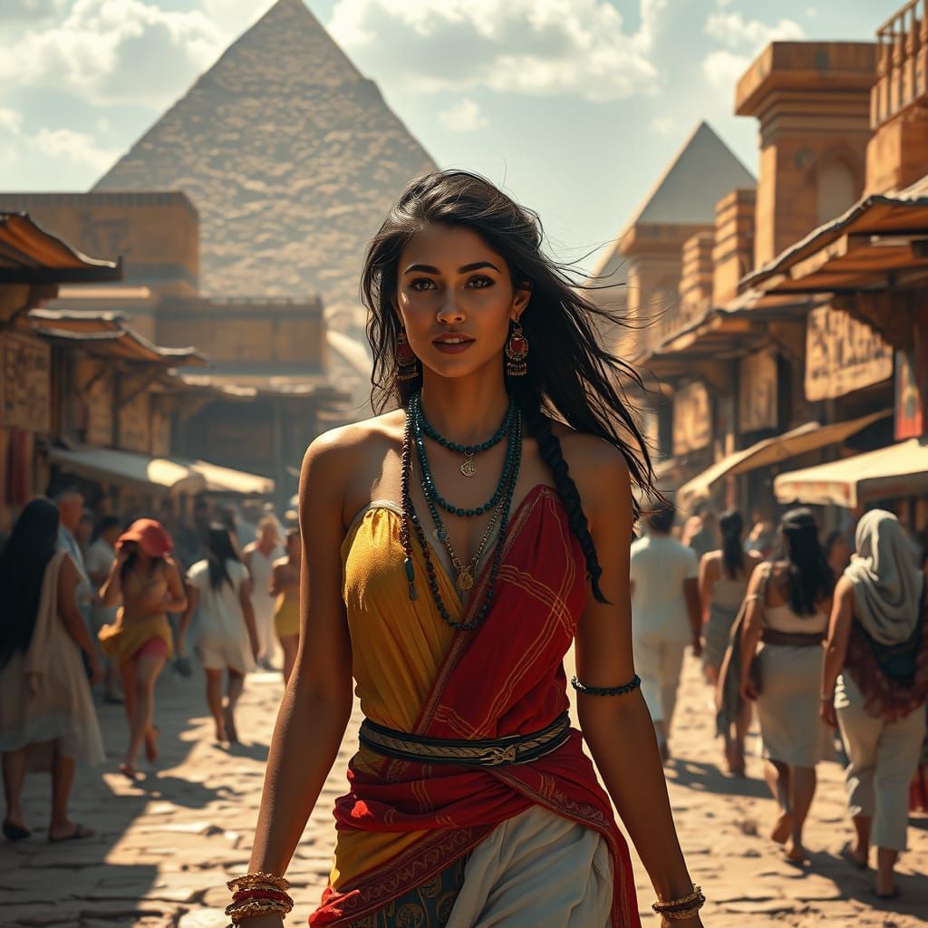 Egyptian Woman in Bustling Ancient Marketplace