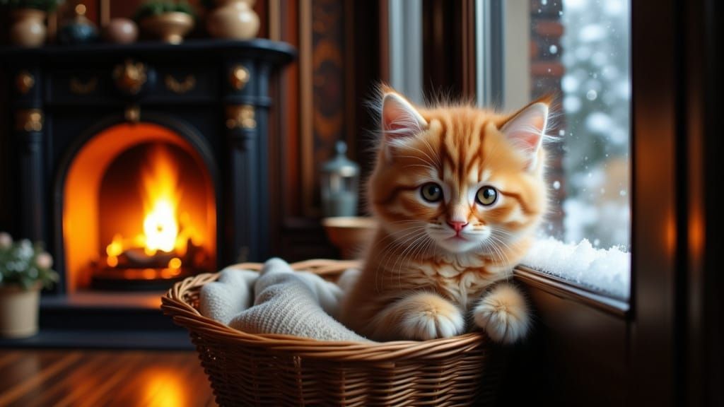 Fluffy Ginger Kitten in Snowy Victorian Living Room