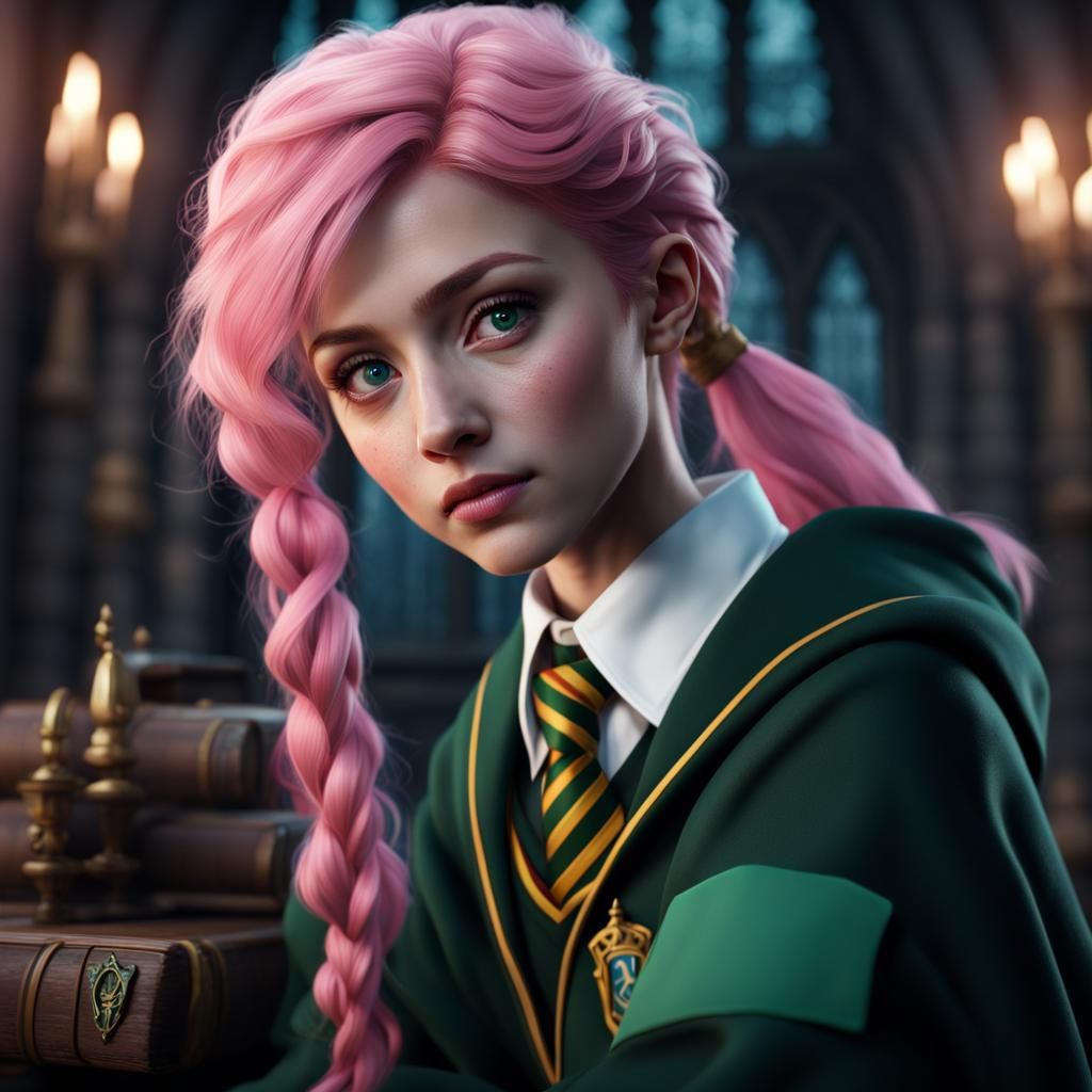 Girl with Pink Hair in Slytherin Uniform