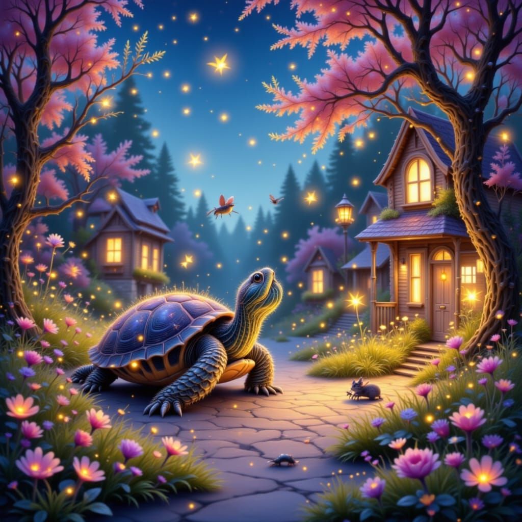 Glowing Miniature Town Turtle and Mouse in Tonalist Style