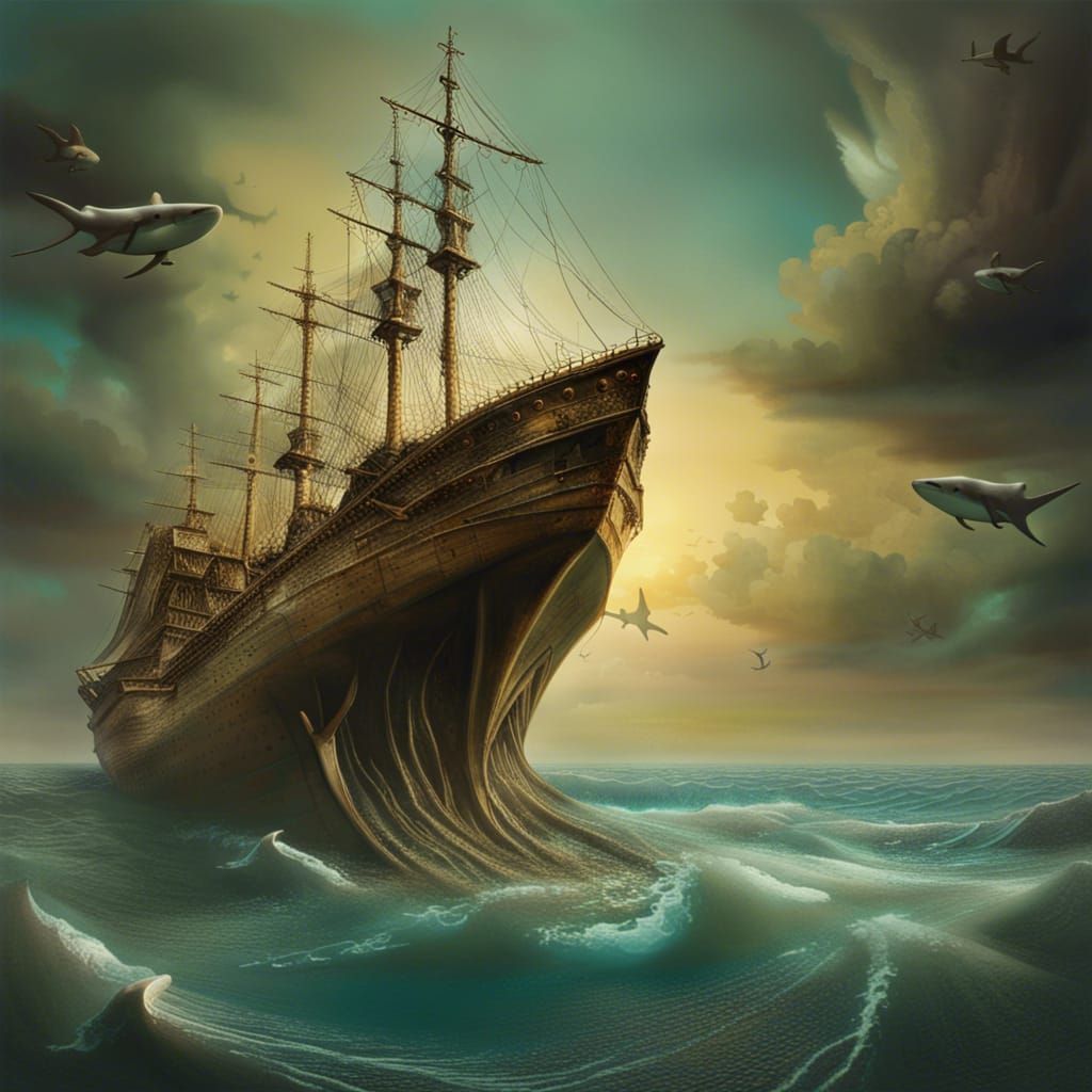 Surreal Ship Lost at Sea: Digital Oil Painting