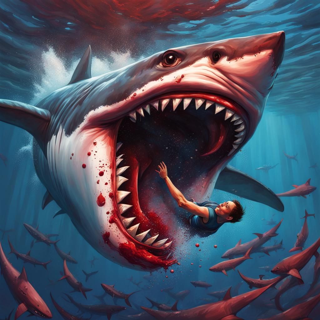 Hyperrealistic Shark Attack Escape in Splash Art Style