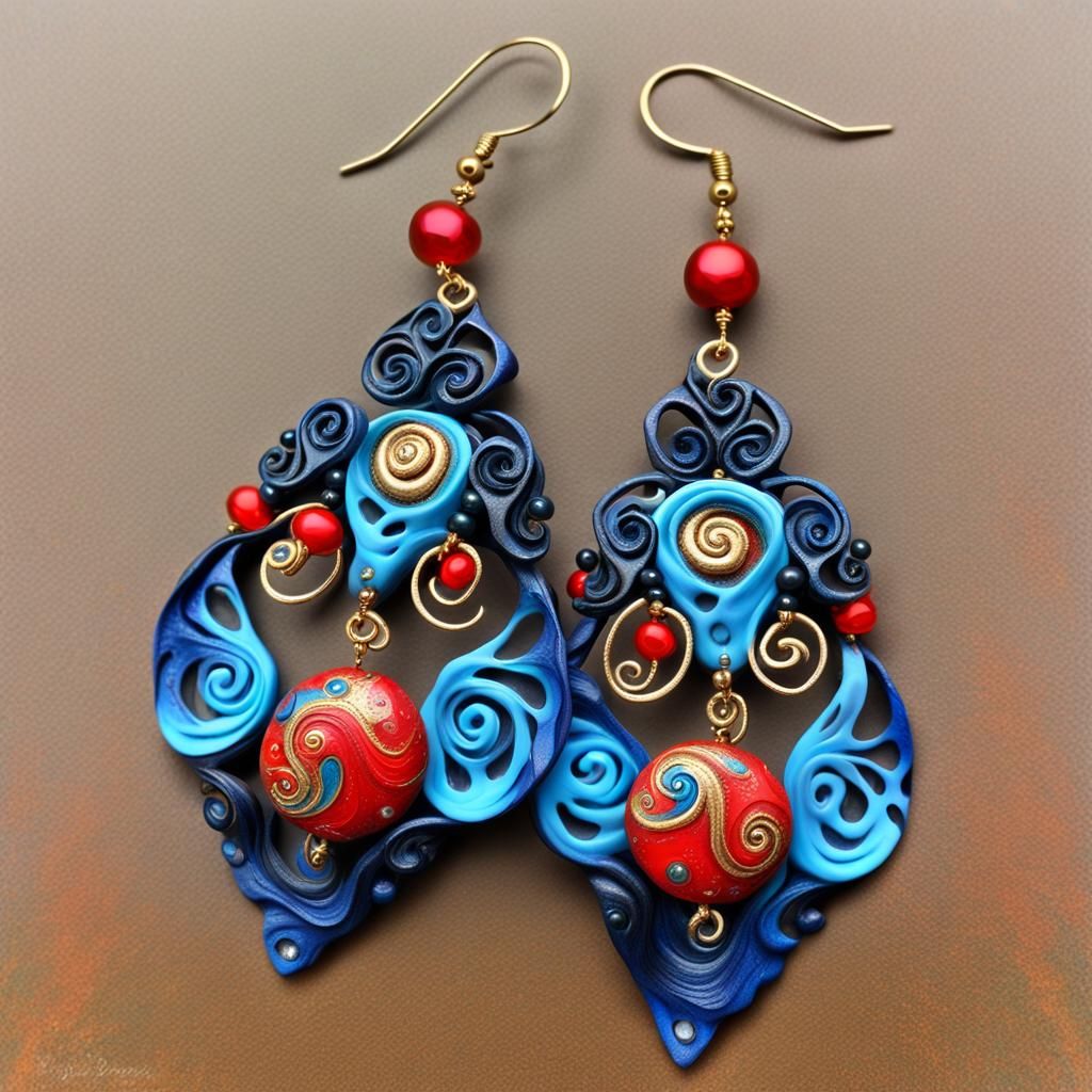 Ornate Polymer Clay Earrings with Acrylic and Pearls