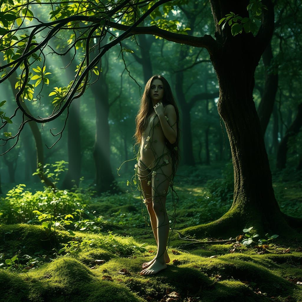 Figure Merged with Nature in Enchanted Forest