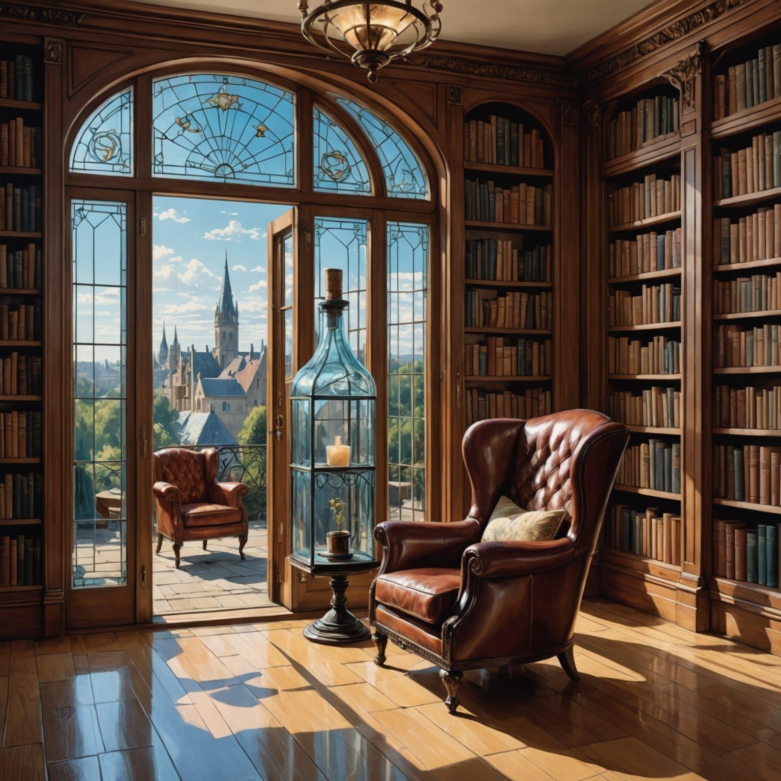 Elegant Library Scene in Art Nouveau Style
