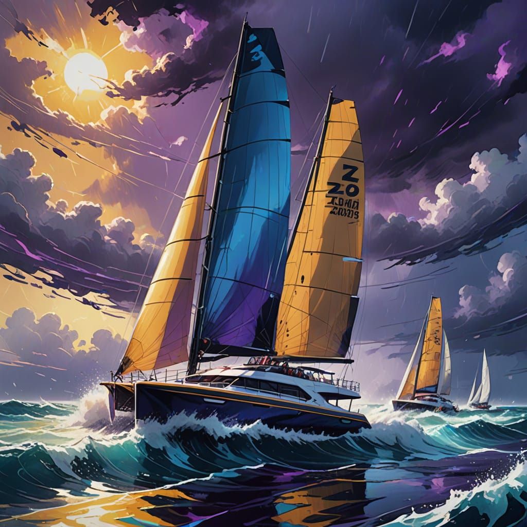 Catamaran Sails Through Stormy Sea in Digital Art