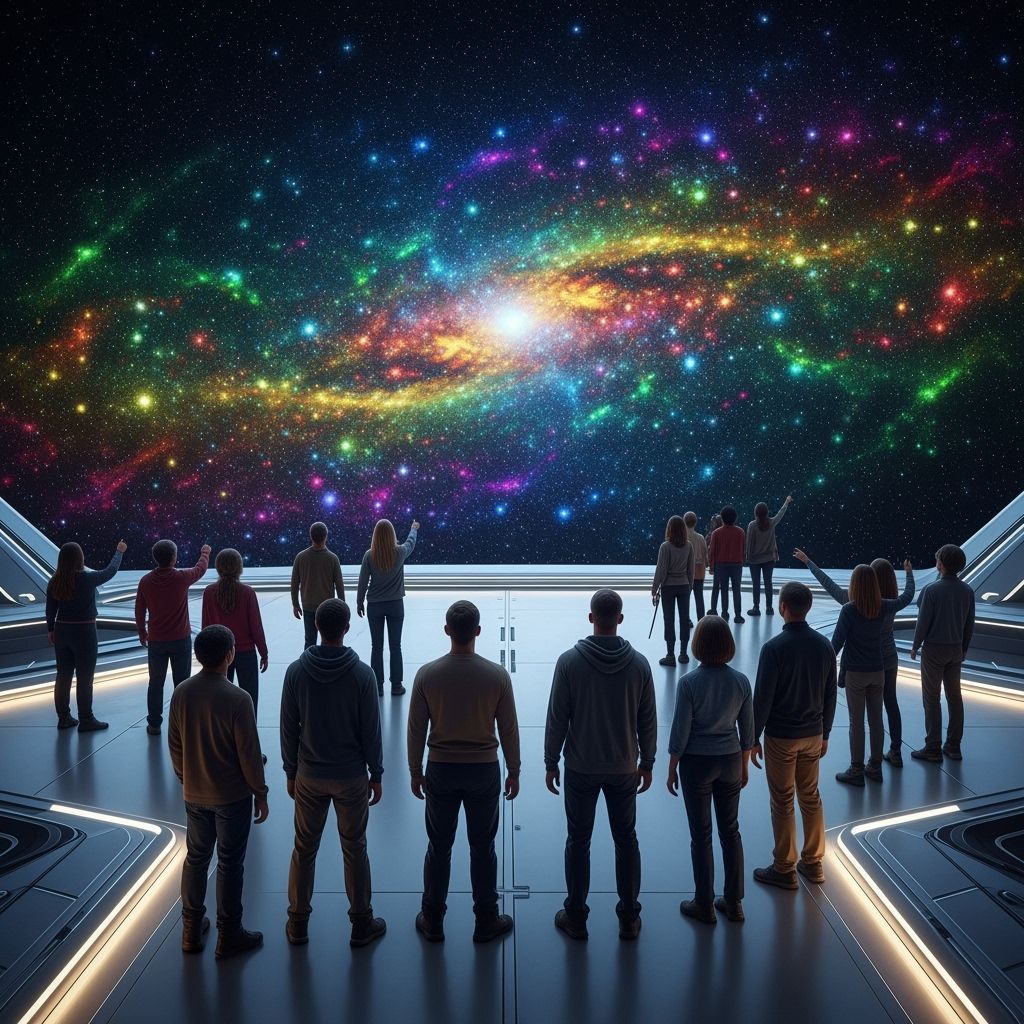 On this vast landing, we all stand together, staring out at ...