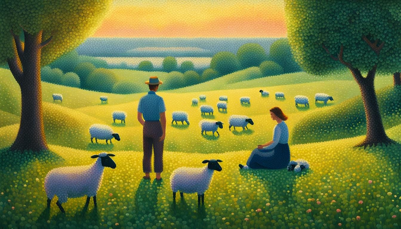 Pointillist Picnic in Meadow at Dusk