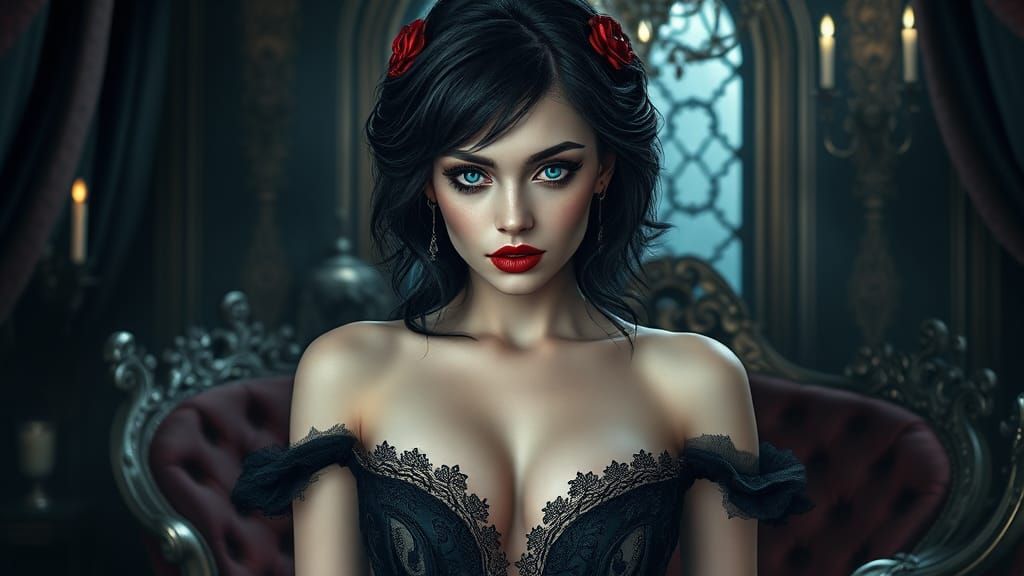 Gothic Snow White in Dark Fantasy Boudoir