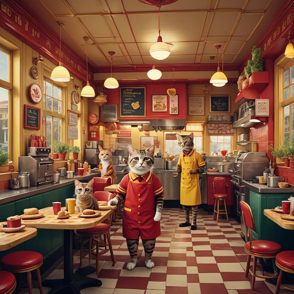 Anthropomorphic Cats Serve Cheeseburgers, Wes Anderson Style