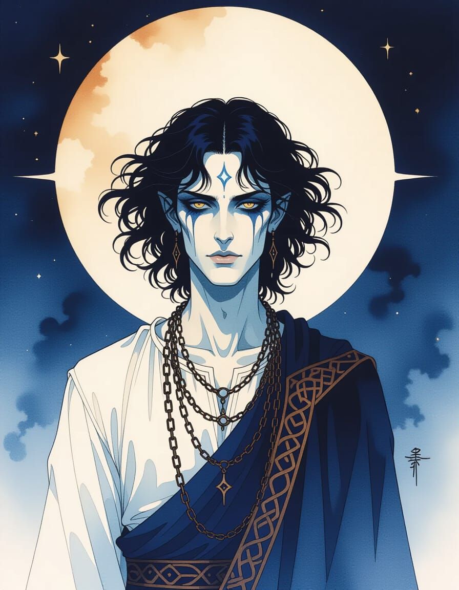 Ethereal Sky-Witch Deity in Mystic Watercolor