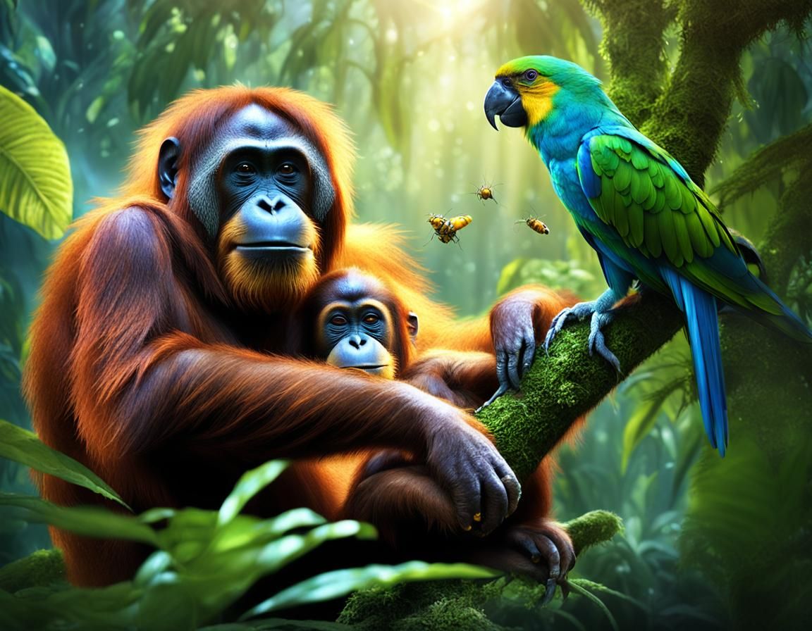 Orangutan Mother and Baby in Borneo Jungle