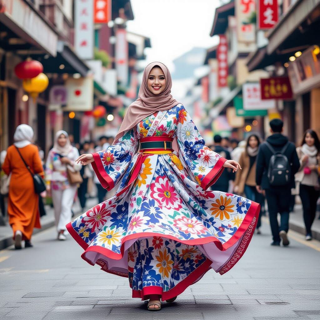 Joyful Hijabi Girl Twirling in Vibrant Street Scene