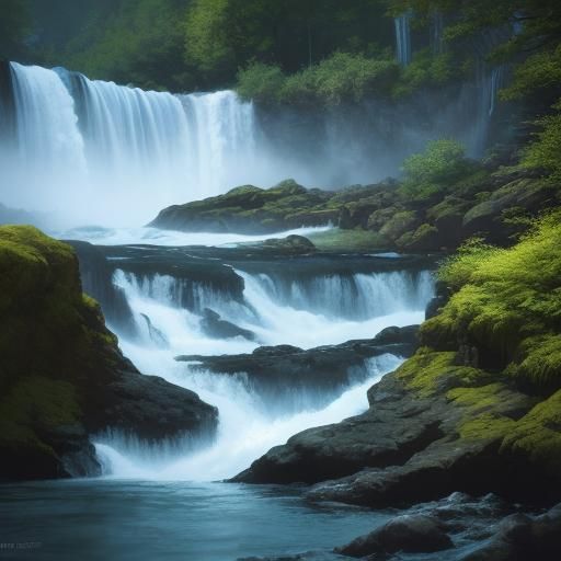 Majestic Waterfalls Cascade in Hyperrealistic Splash Art