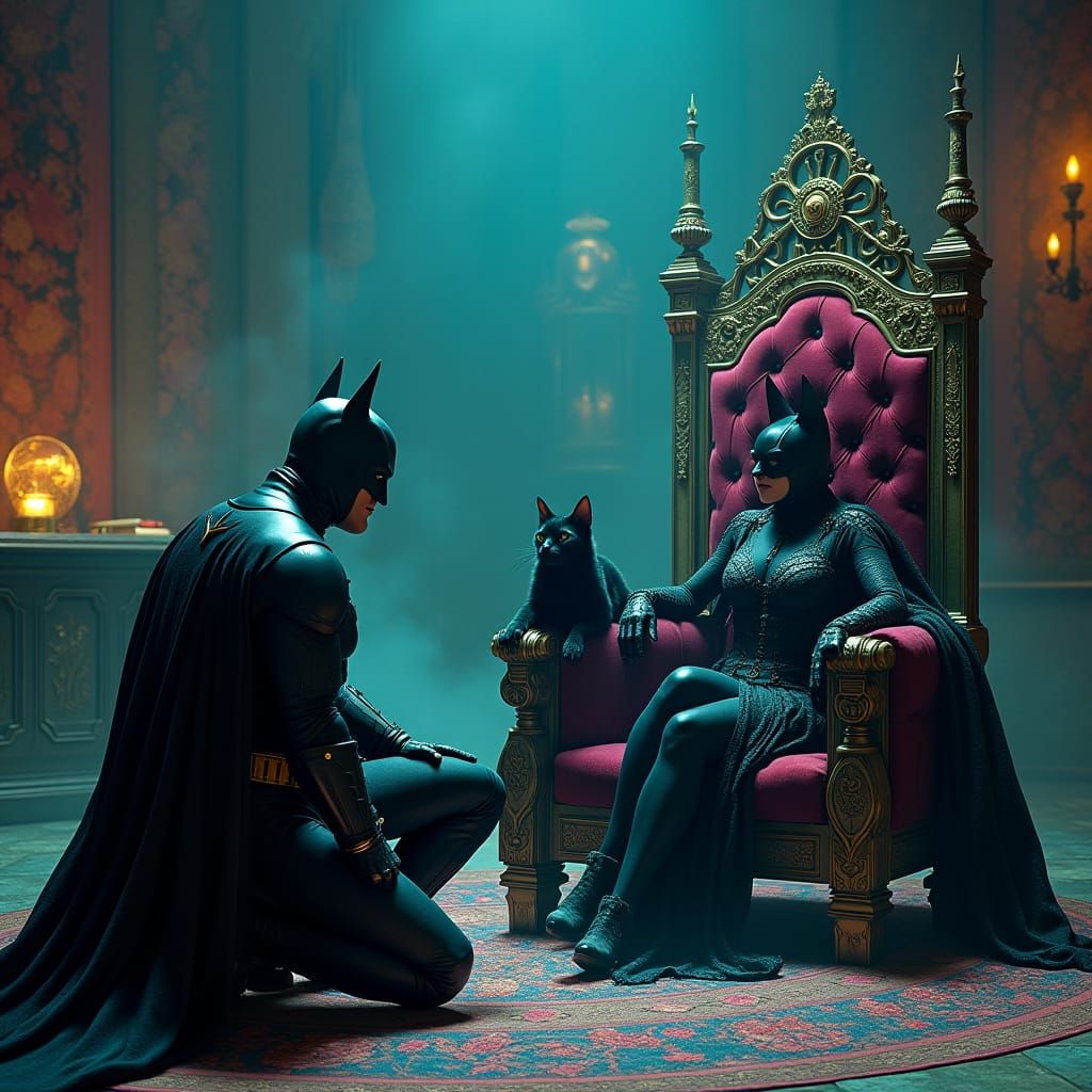 Batman Kneels Before Catwoman on Throne in Gothic Chamber
