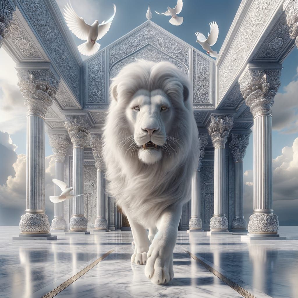 Majestic White Lion in Ancient Temple with Doves