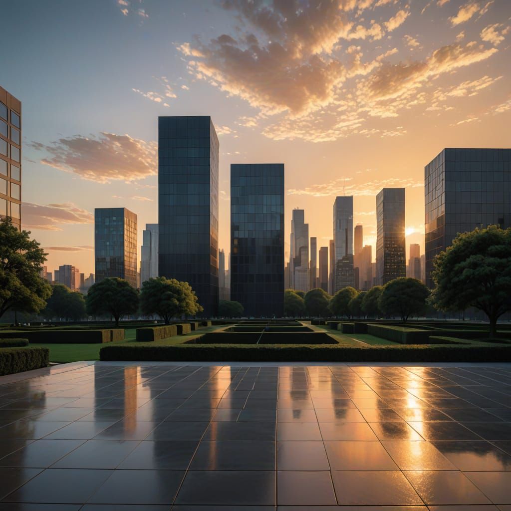 Geometric Cityscape in Soft Sunset Hues