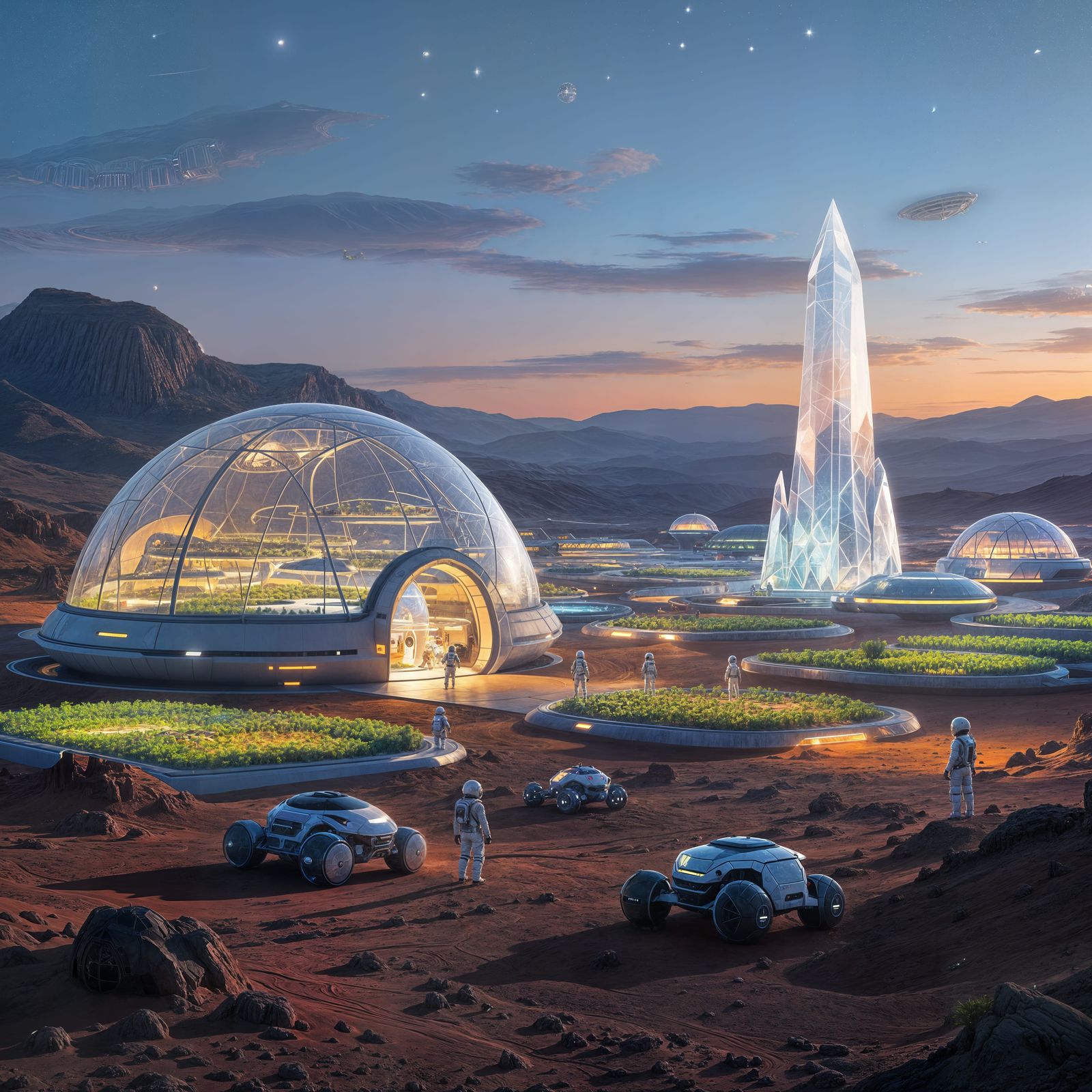 Martian City Twilight With Hydroponic Farms And Rovers