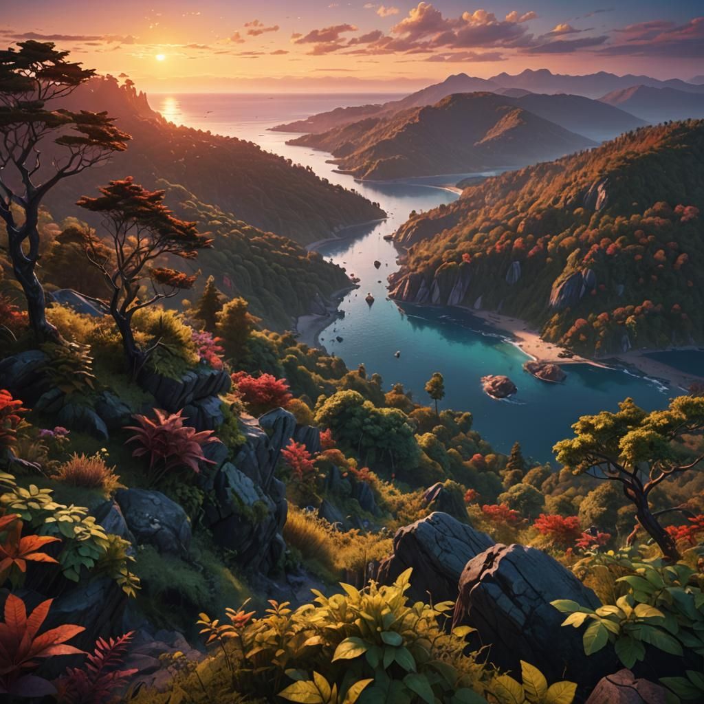 Colorful Sunset Over Forest, Fantasy Concept Art