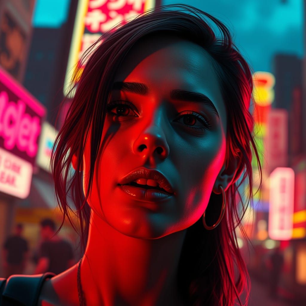 Hyperrealistic Cityscape Portrait in Neon Digital Art