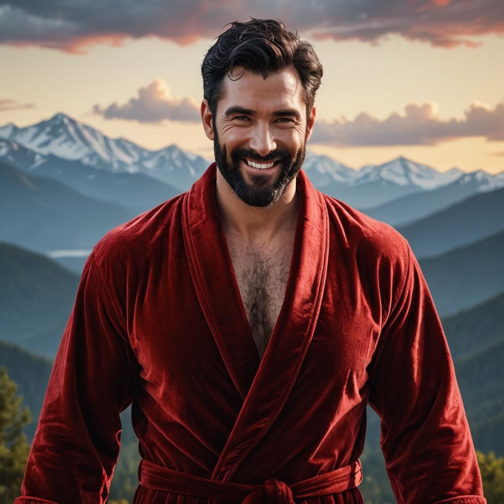 Smiling Man in Red Velvet Robe Portrait