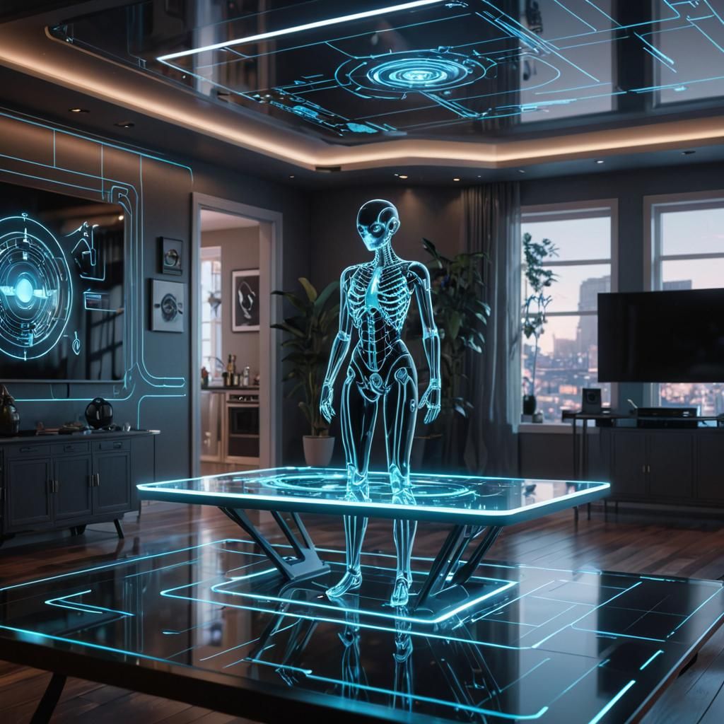 Holographic AI Assistant in Smart Home: Sci-Fi Concept Art