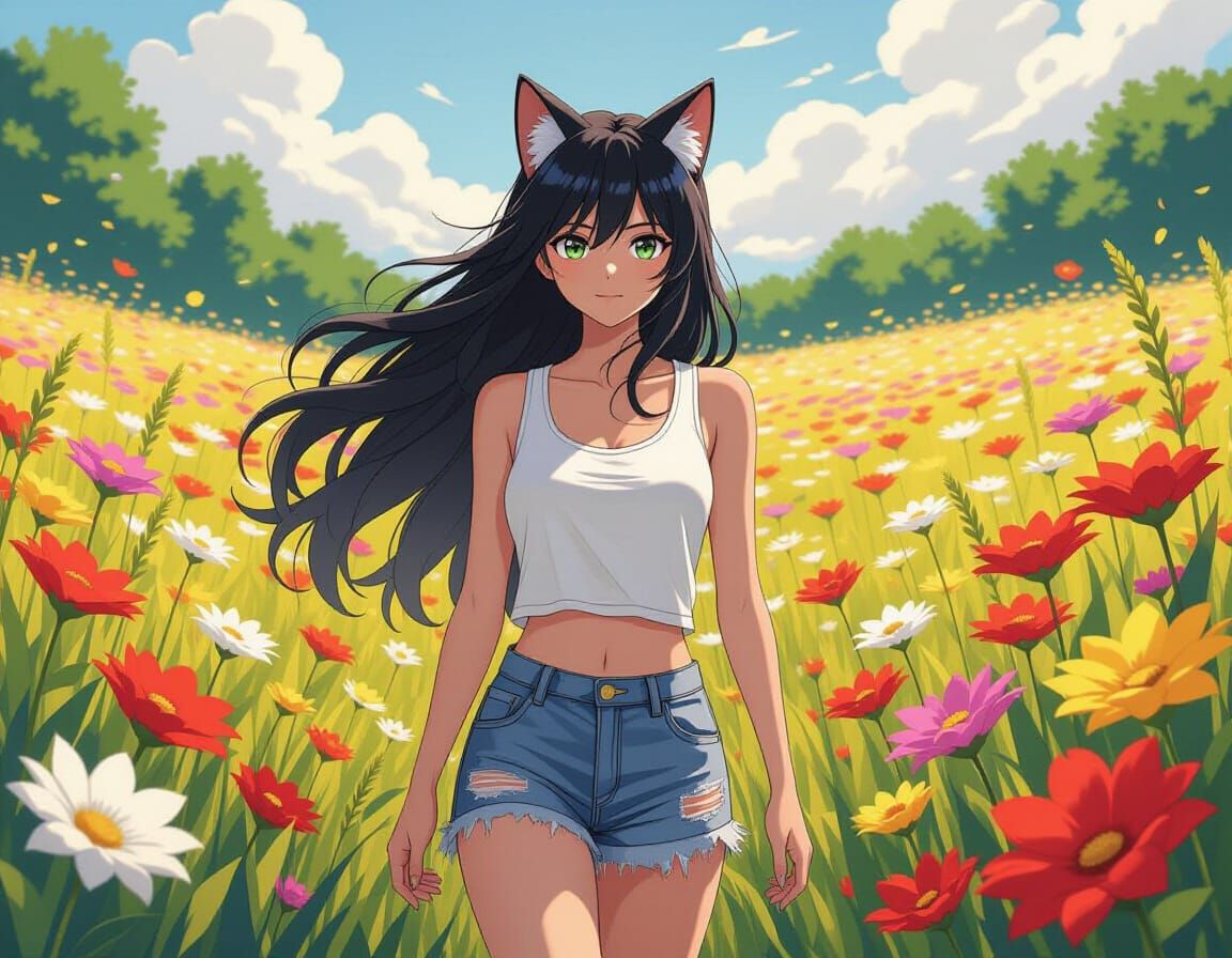 Kitsune Cat in Meadow, Manga Scan Style