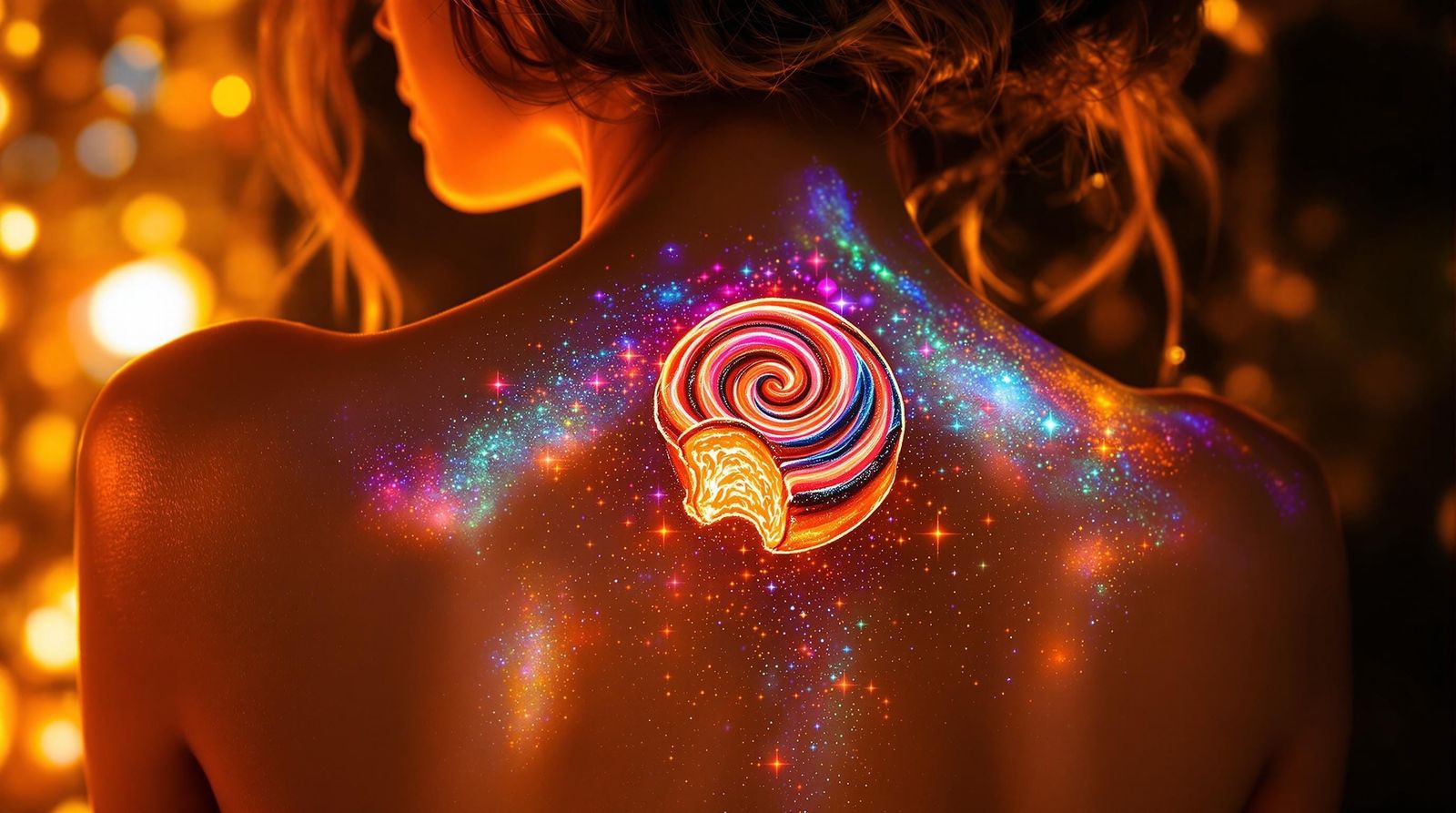 Woman with Vibrant Cinnamon Roll Tattoo in Golden Lighting