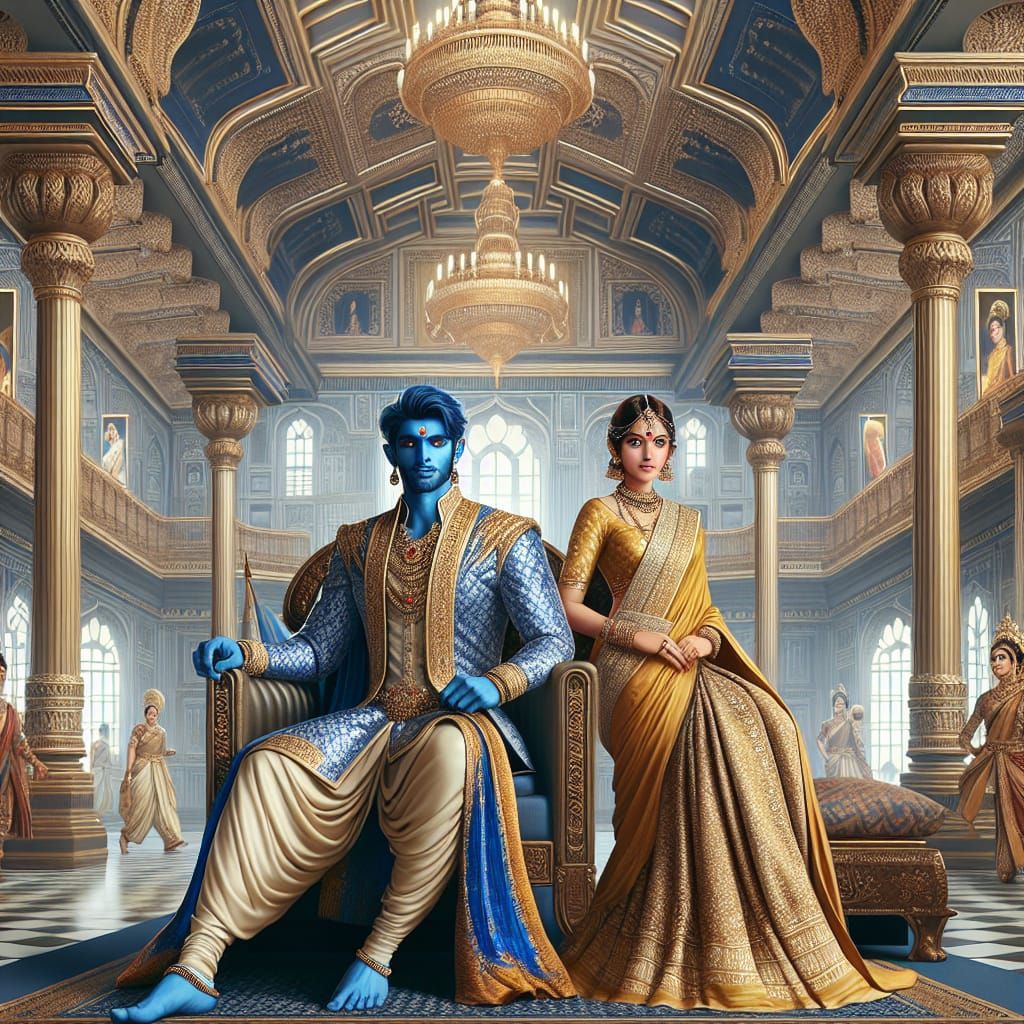 Krishna and Radha in Divine Golden Palace