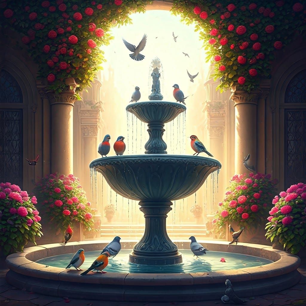 Courtyard Fountain with Birds in Hyperrealism