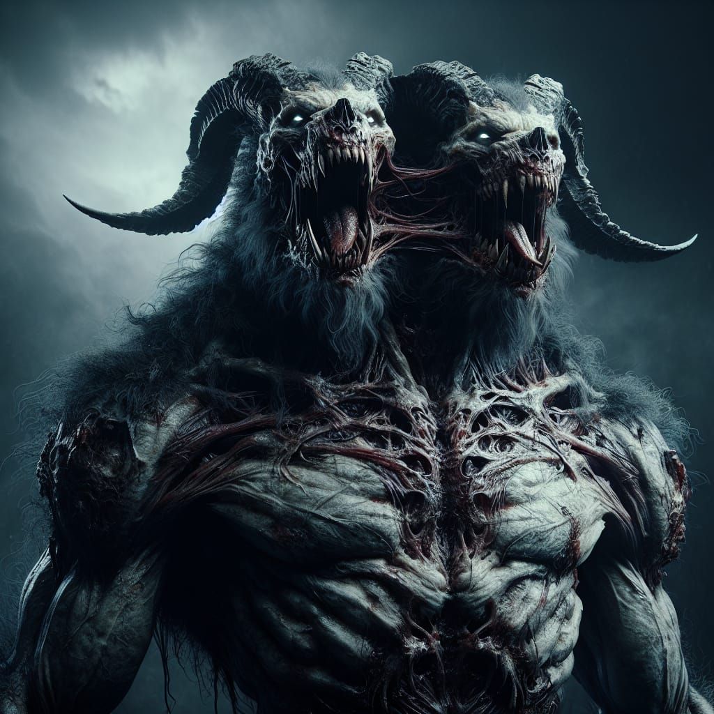 Menacing Two-Headed Beast in Desolate Landscape
