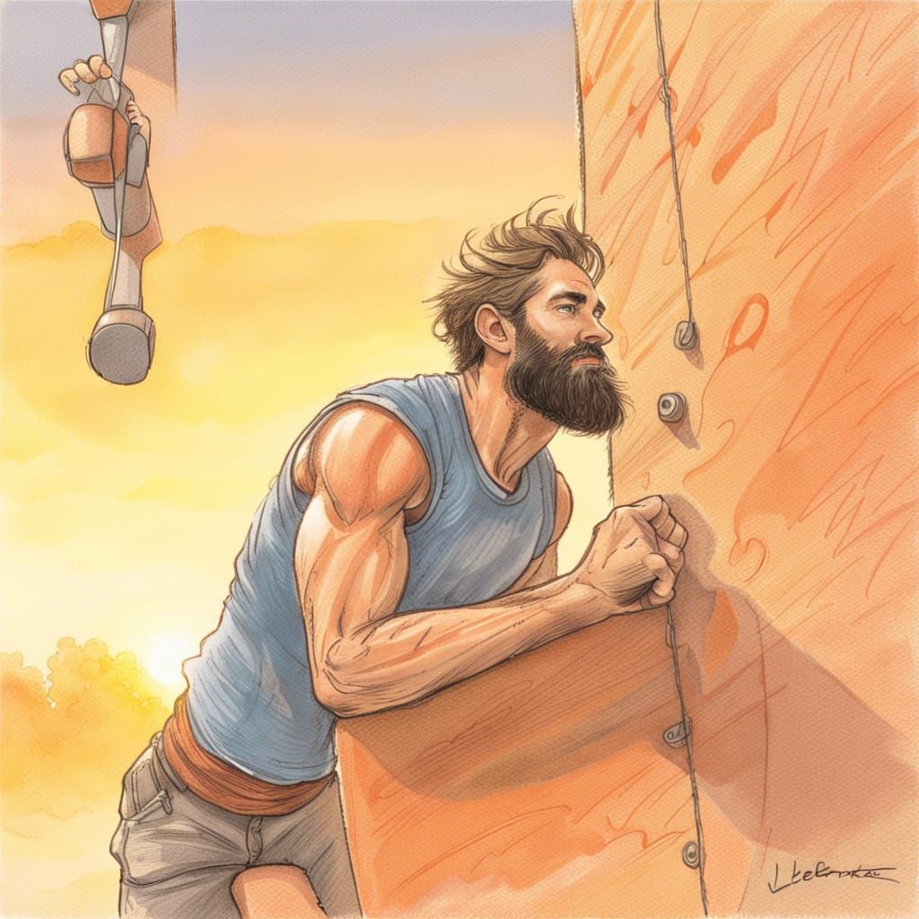 Man Climbing Training Wall in Pencil Sketch Style
