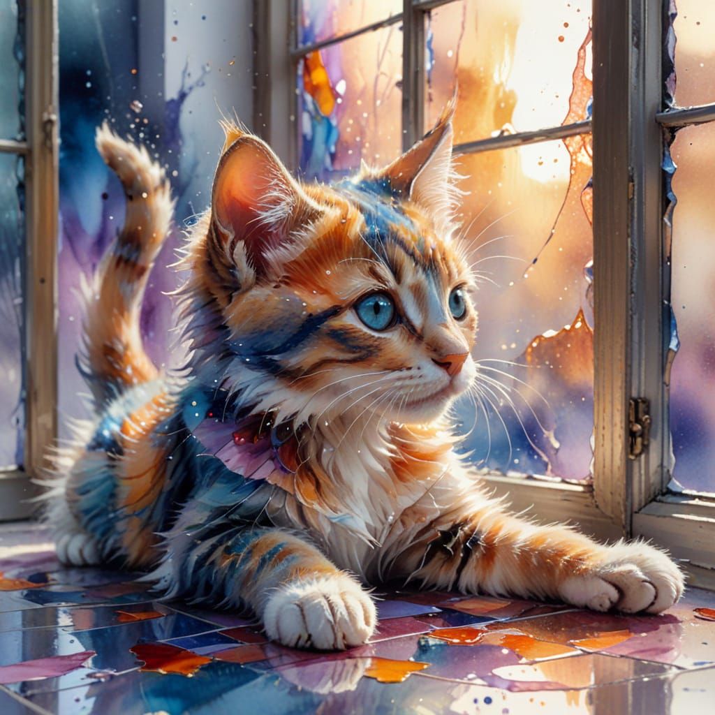 Kitten on Stained Glass in Haenraets Watercolour Style