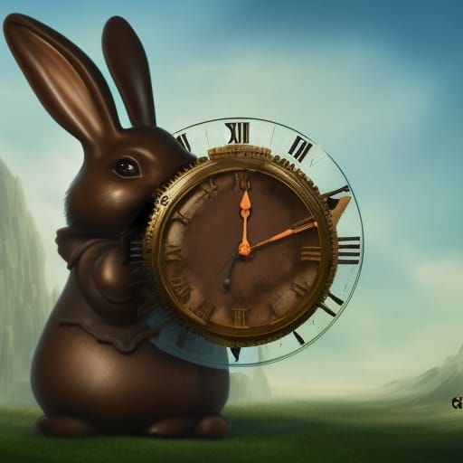 Steampunk Chocolate Bunny with Clock, Detailed Digital Art