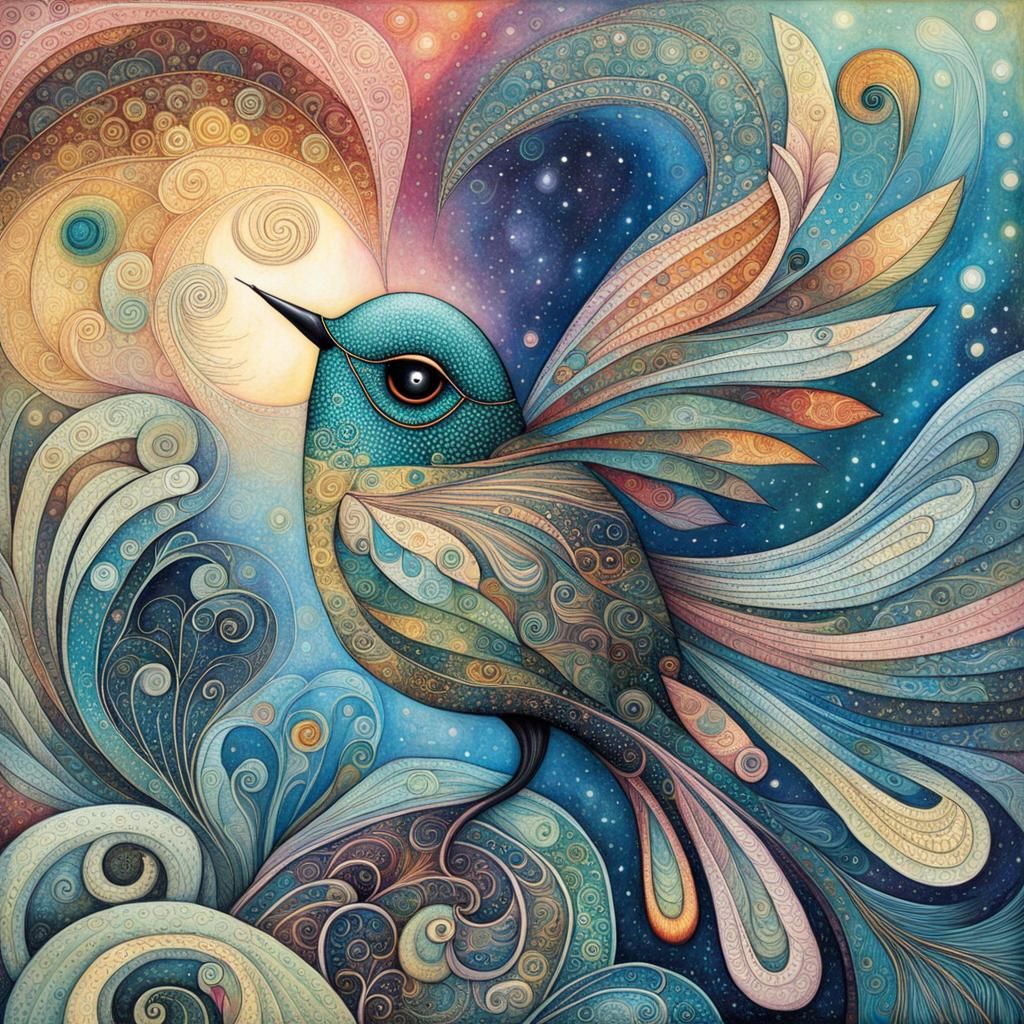Dreamlike Bird with Flowing Tail in Art Brut Style