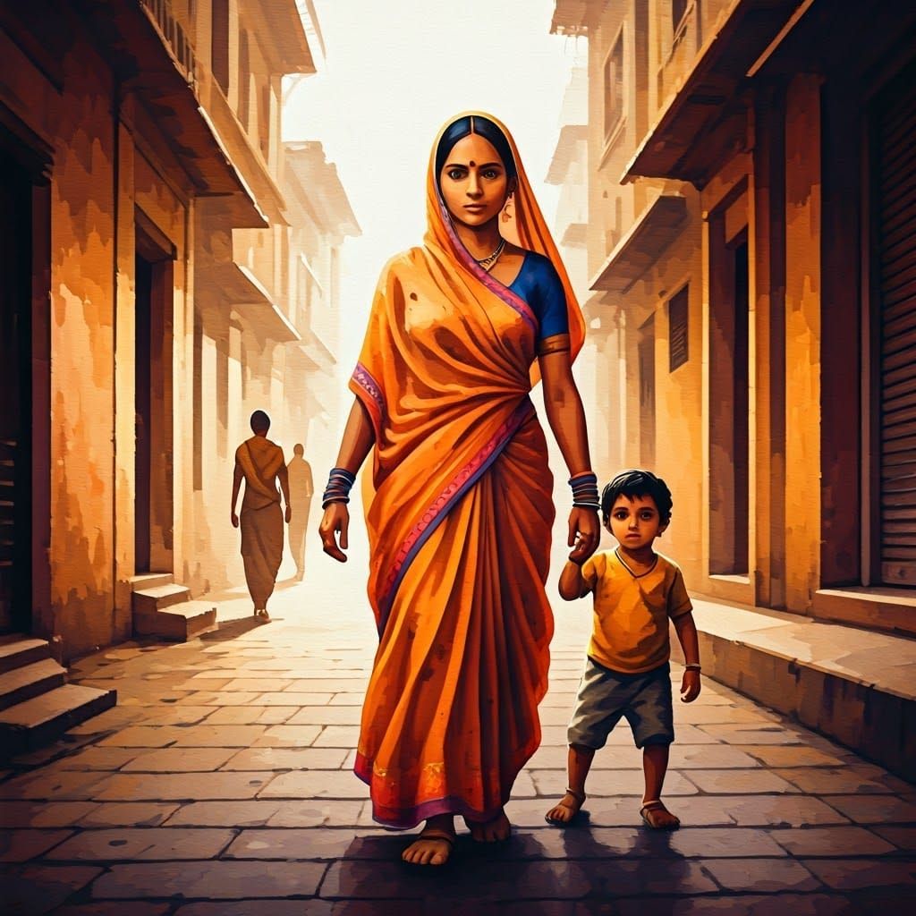 Indian Mother Walking with Child in Colorful Street Scene