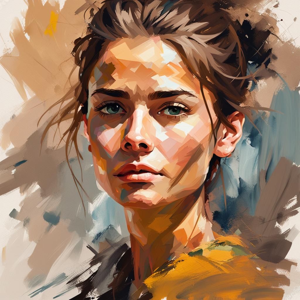 Beautiful Woman Portrait with Expressive Eyes as Painted Art