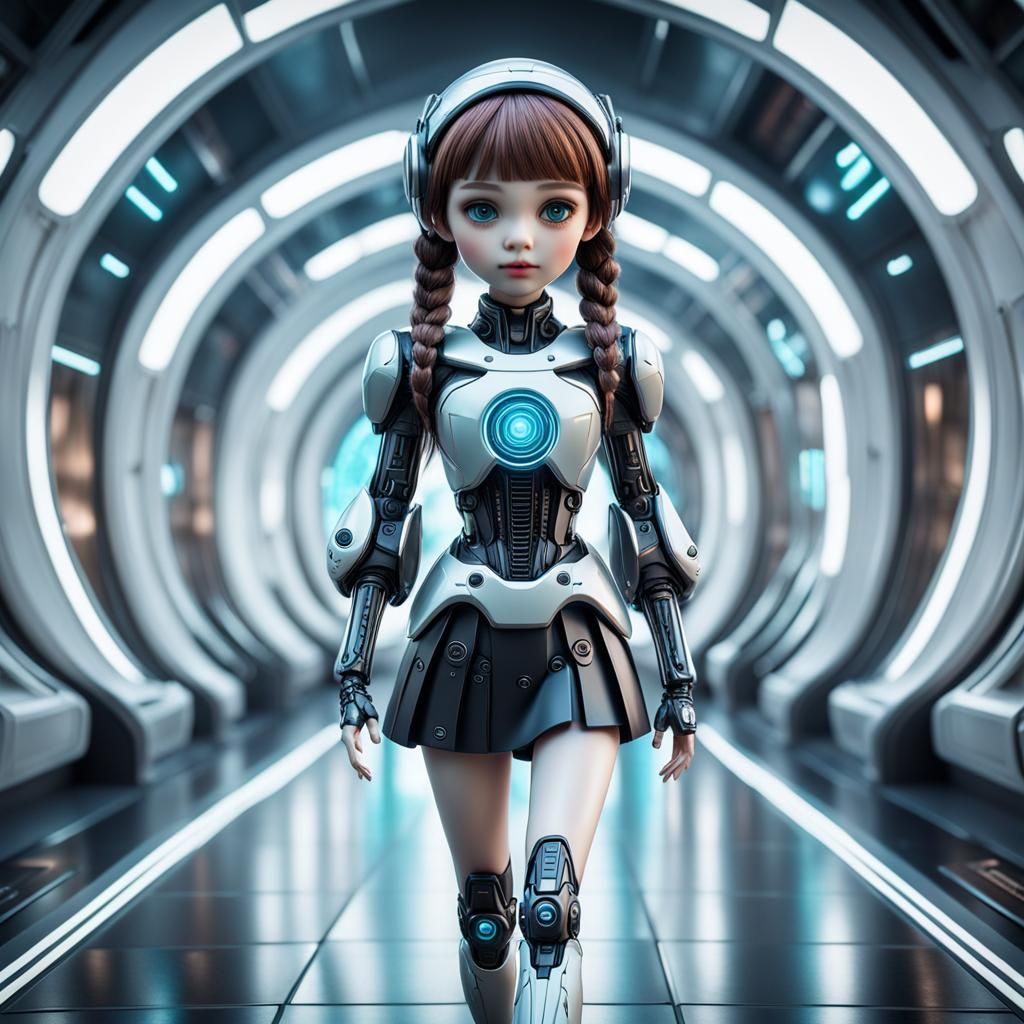 Futuristic 3D Doll Walks with Humanoid Girl