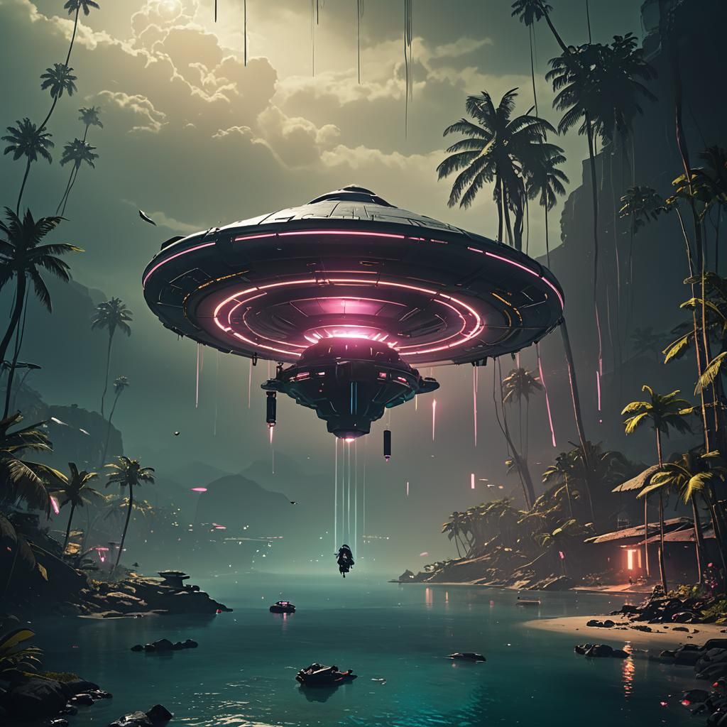 Flying Saucer Over Tropical Island in Cyberpunk Style