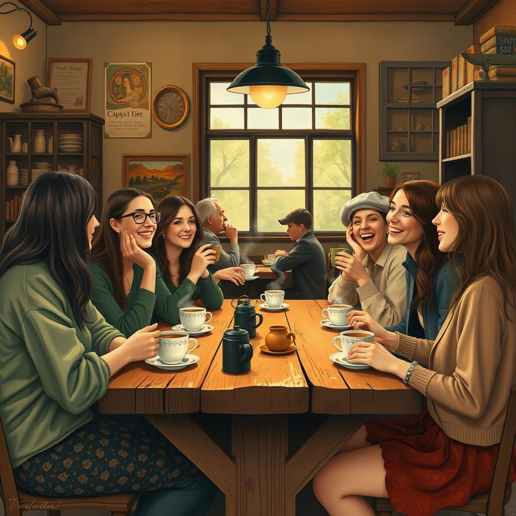 Friends Gather Around a Cozy Cafe Table
