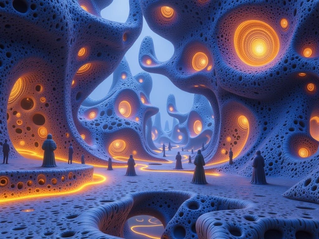 Surreal Cityscape of Glowing Pathways and Organic Structures