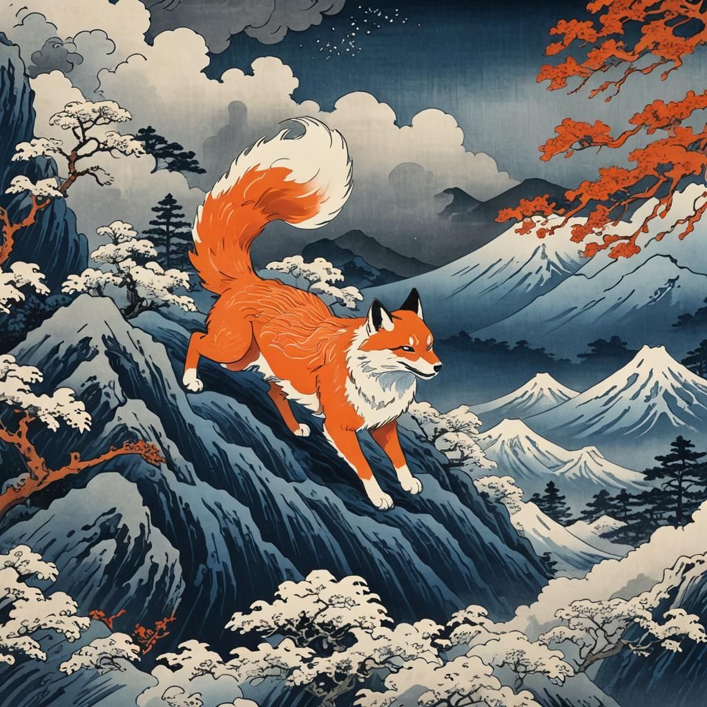 Kitsune Descends Mountain: Ukiyo-e Style Print