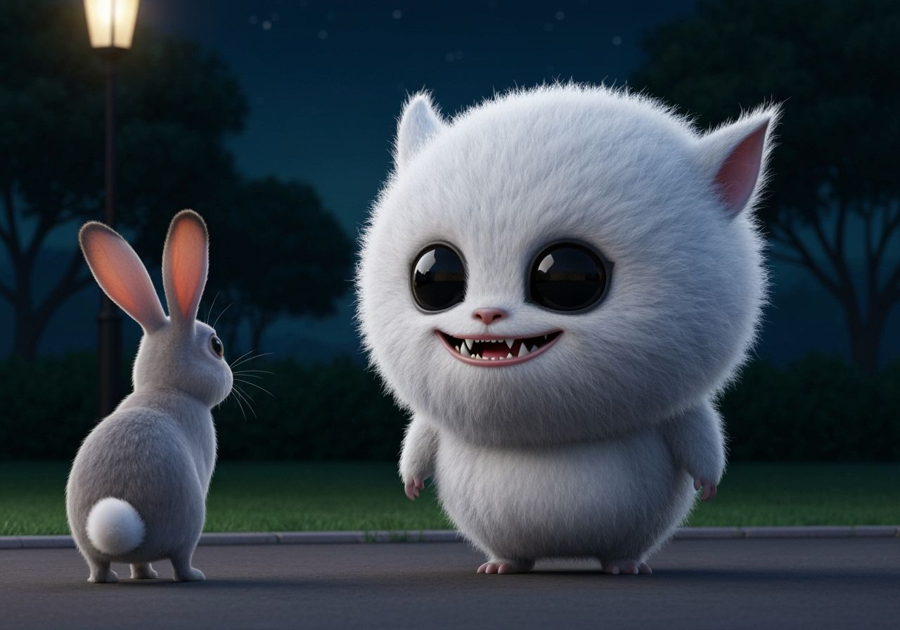 Cute Chupacabra Meets Rabbit in Night Park