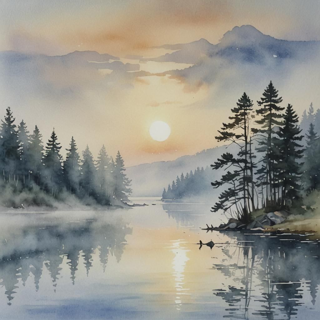 Misty Sunrise Over Clear Lake in Watercolor