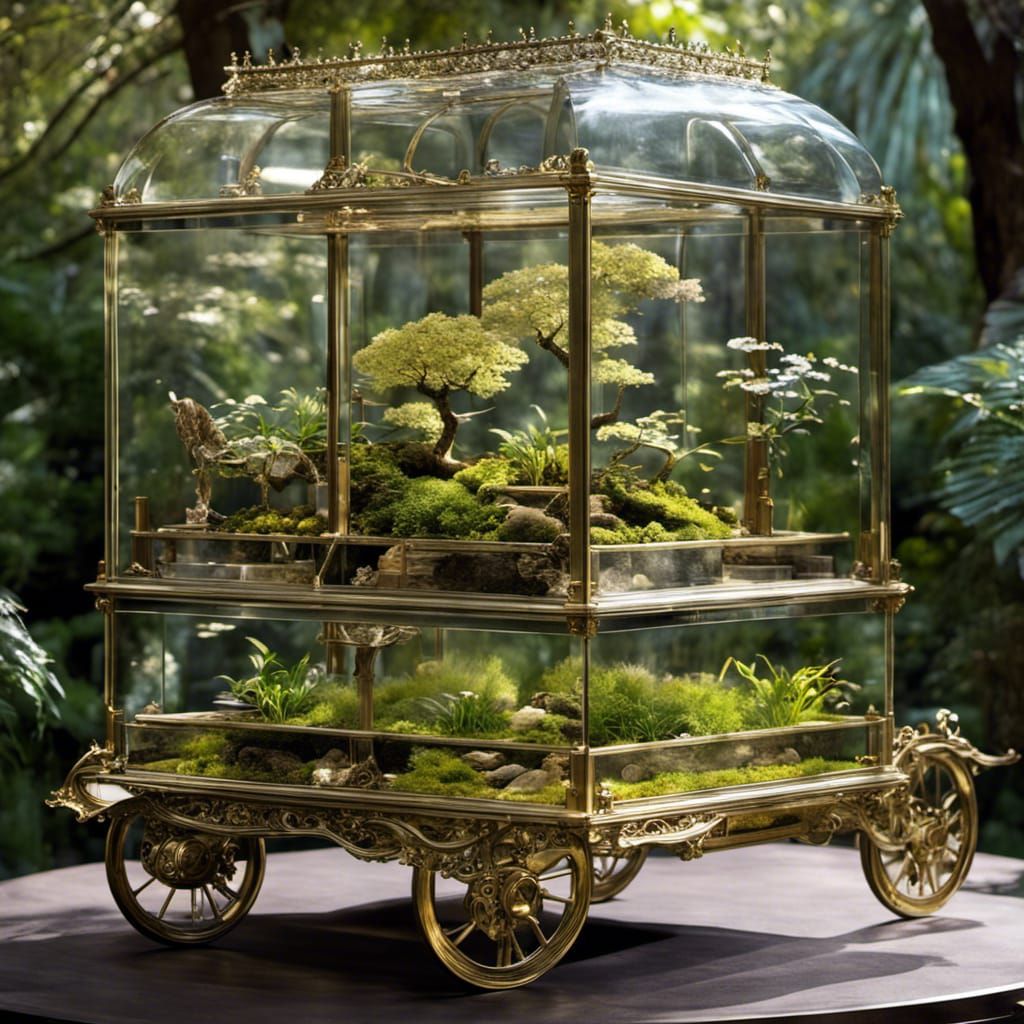 Steampunk Bonsai Dreamscape on Transparent Glass Trolley