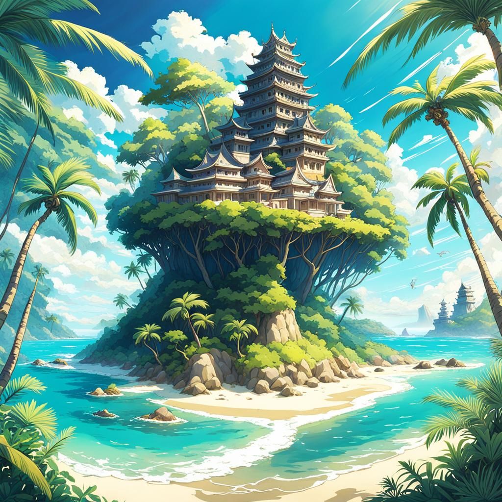 Surreal Split Shore: Tropical Island Meets Anime Art