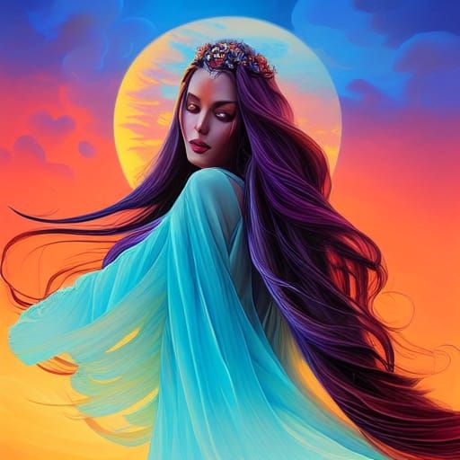 Romantic Princess with Flowing Hair, Digital Painting