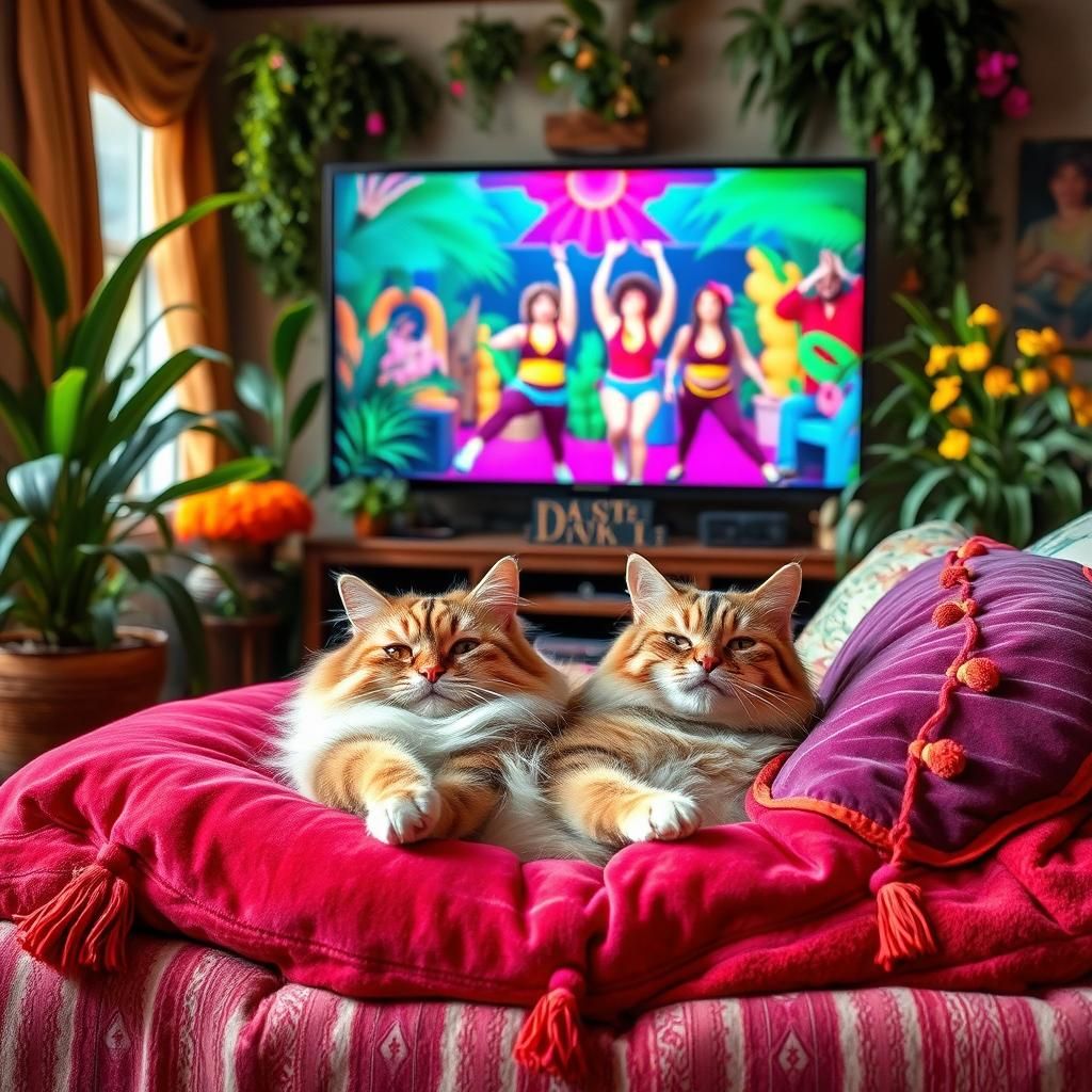 Blissful Cat in Bohemian Room, Retro 80s Style