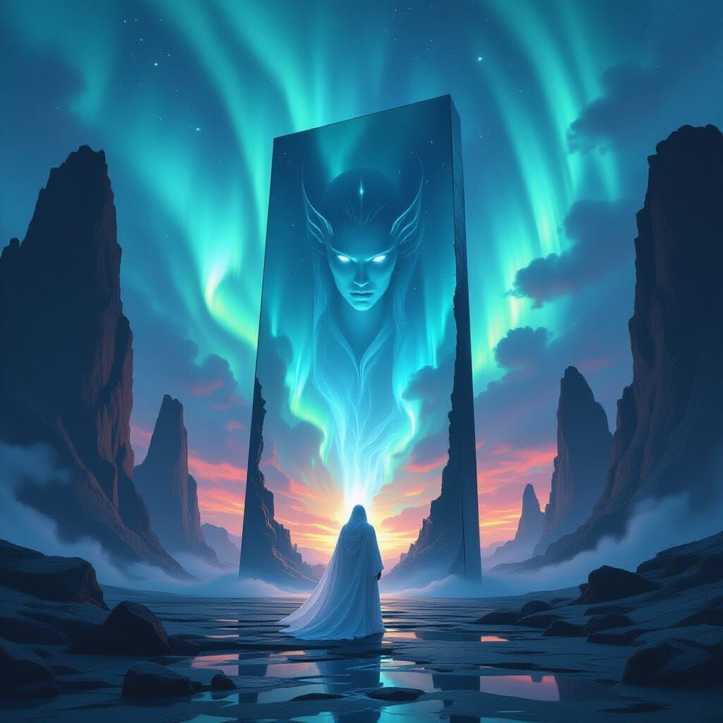 Angel and Demon Reflected in Aurora Sky Mirror